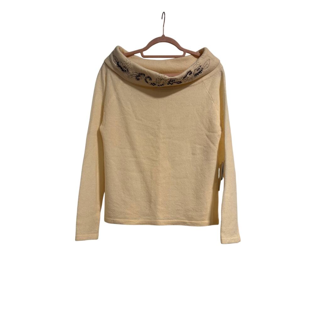 Vtg Deadstock NWT Le Pull-Over Cream Boatneck Beaded Lambswool Sweater - Size L